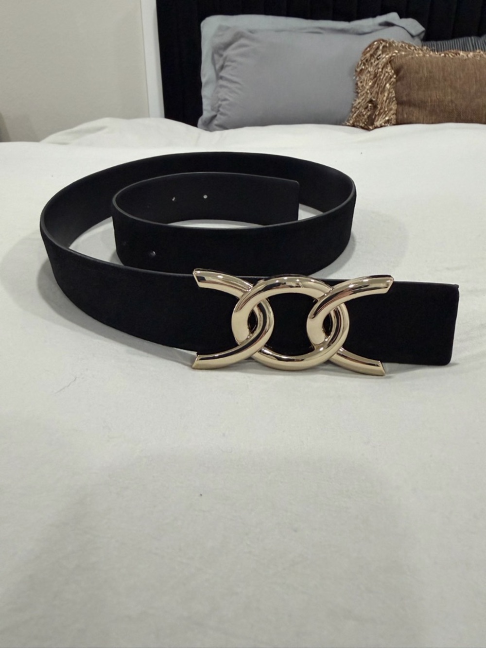 White House Black Market Black Suede Denim Belt Gold Interlocking Buckle WHBM M